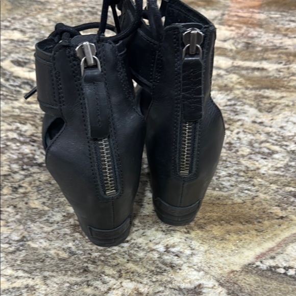 Sorel Black Joanie Leather Ankle Tie Wedge Sandals - Picture 4 of 5